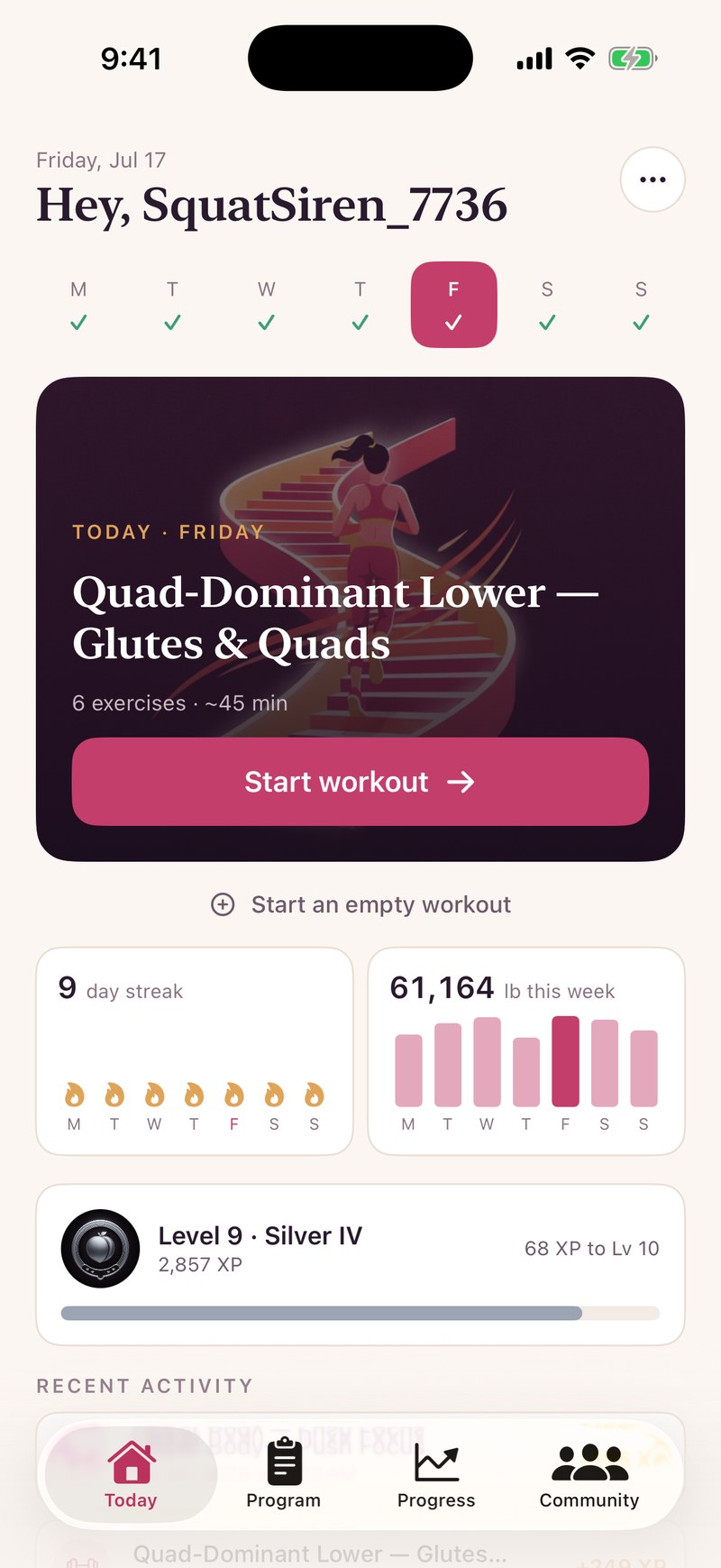 Glute Max home screen: today's workout hero card, 9-day streak, weekly volume, and rank progress