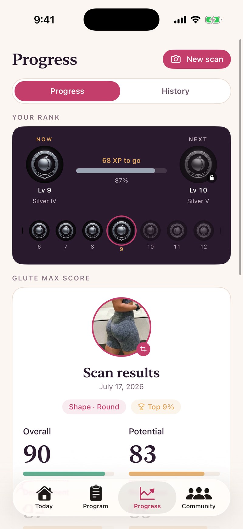 Glute Max rank journey: Level 9 Silver IV climbing toward Level 10 with XP progress and emblem road